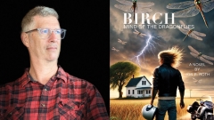 Portrait of Jon Roth '85 on a black background next to the cover of his new book