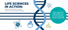 A white graphic with blue and teal illustrations that reads, "Life Sciences in Action: Discover Exciting Careers  in the Life Sciences Industry"
