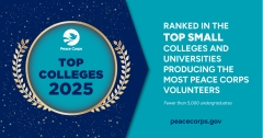 A navy blue and teal graphic image that says in white font: Ranked in the top small colleges and universities producing the most peace corps volunteers