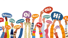Illustration of a group of people raising their arms and holding signs with various languages. 