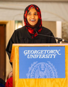 Isra Satiar (H’26) is this year’s recipient of the Thomas P. McTighe Prize, which is awarded to a student selected to address the opening convocation.