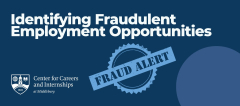 Blue and white graphic saying, "Identifying Fraudulent Employment Opportunities"