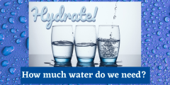 A graphic showing three glasses of water with the text "Hydrate - How much water do we need?"