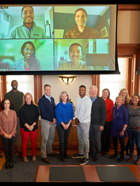 Board members of the Middlebury Alumni Association at a 2021 fall planning retreat; 4 are present via Zoom