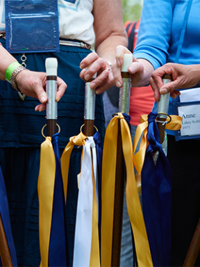 Four hands of classmates holding their Painter's canes at their 50th Reunion