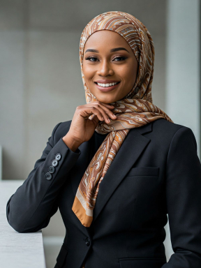 A young woman with a grey suit jacket and a brown patterened headscarf poses and smiles into the camera