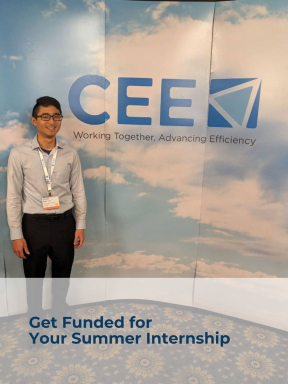 A young man in black dress pants and a grey button down stands smiling in front of a "CEEK Working Together. Advancing Efficiency" wall. THe image reads, "Get Funded for Your Summer Internship"
