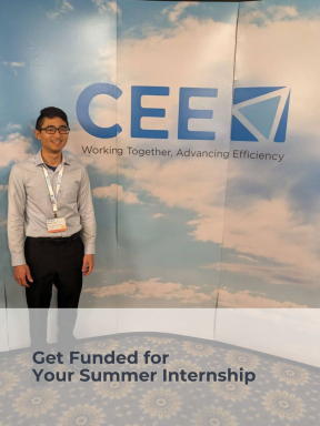 A young man in black dress pants and a grey button down stands smiling in front of a "CEEK Working Together. Advancing Efficiency" wall. The image reads, "Get Funded for Your Summer Internship"