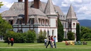 Language schools students walk across the Middlebury, Vermont campus.