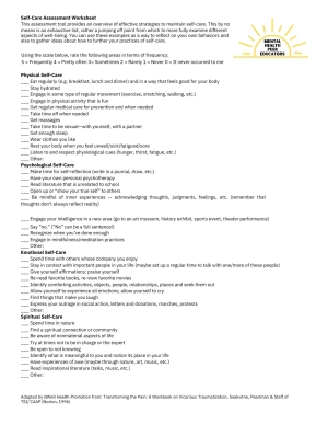 Image shows: Self Care Assessment Worksheet
