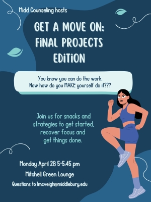 A Dark haired person in exercise attire in front of messaging 4/28/25 5:00-5:45 Mitchell Green Lounge