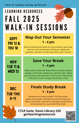 Colorful list of Learning Resources workshops with an acorn and fall leaves