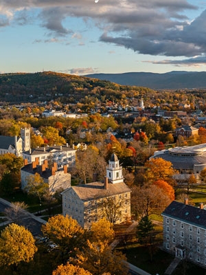 Aerial view of Middlebury College campus in Vermont.