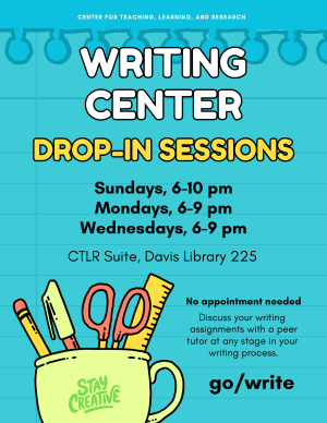 Poster listing drop-in hours with mug and pens