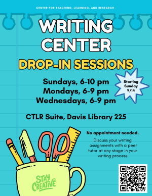 Poster listing drop-in hours with mug and pens