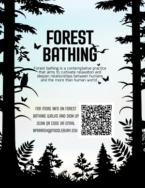 shadow if a forest background with text "forest bathing" and "Forest bathing is a contemplative practice that aims to cultivate relaxation and deepen relationships between humans and the more than human world. "