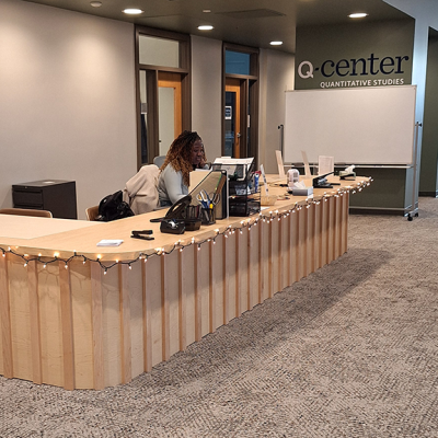 reception desk with student