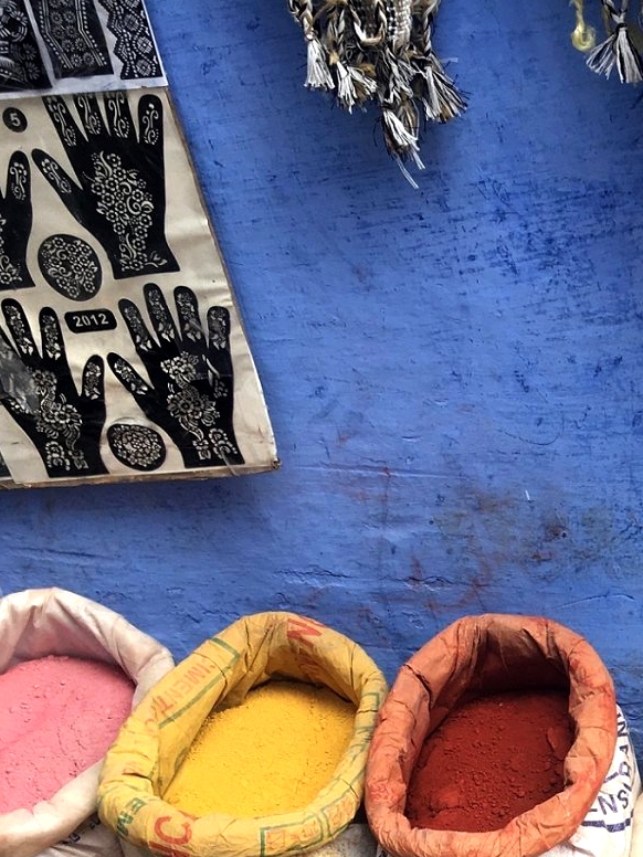 A cropped photograph of spice-filled bags at the marketplace in Spain, where one of the Schools Abroad is located.