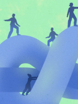 Illustration of people climbing on interconnected tubes.