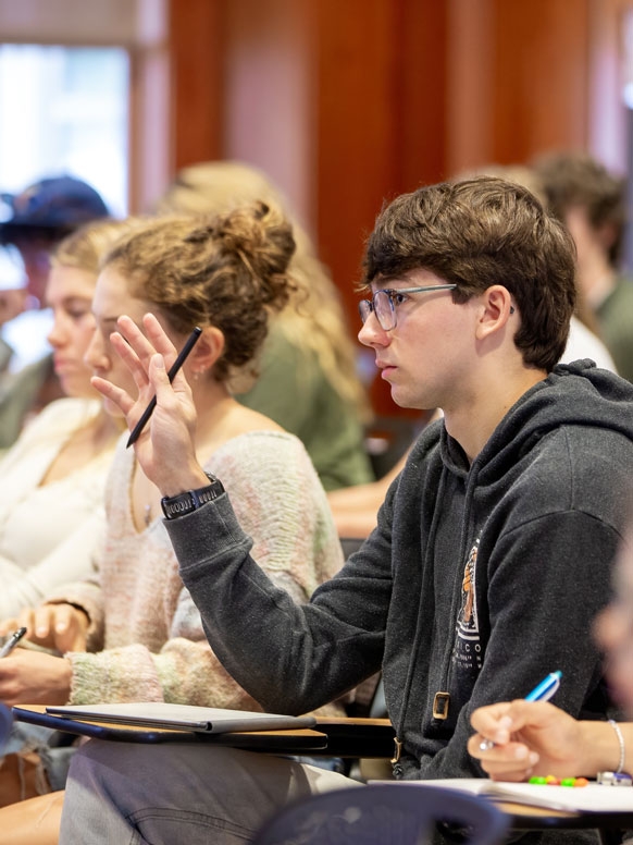 Close up of two students in class and one is raising their hand.