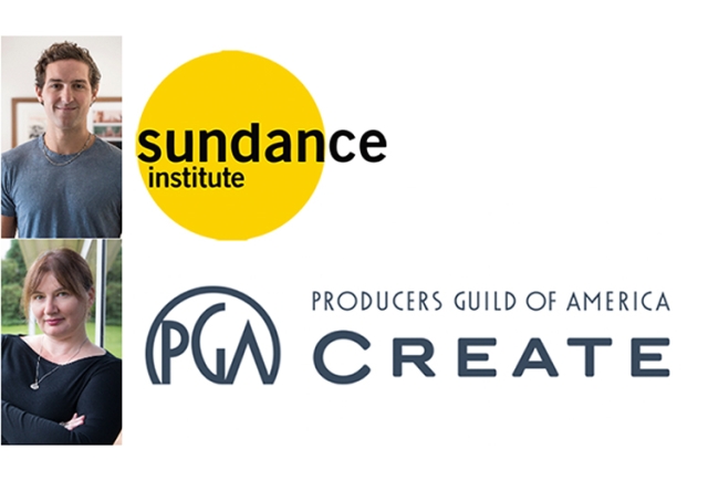 Photo of Ali Salem and Professor Ioana Uricaru next to the logos for Sundance and PGA