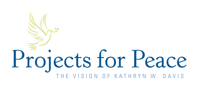 On a white background, a yellow dove logo flaps above the text "Projects for Peace" in large, dark, blue letters. Underneath that text, in much smaller, light, blue letters is written "The Vision of Kathryn W. Davis."