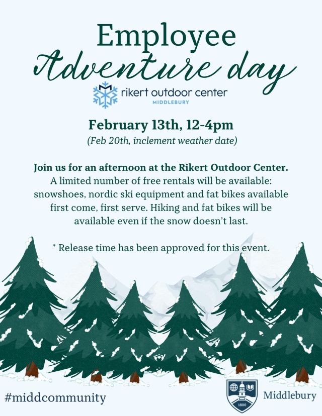 Flyer description for Adventure day for Rikert Outdoor Center February 13th 2024, from 12pm-4pm