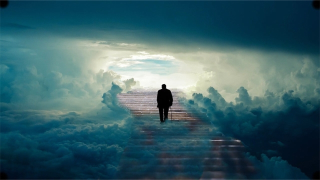 Illustration of a Man Climbing Stairs Towards Heaven