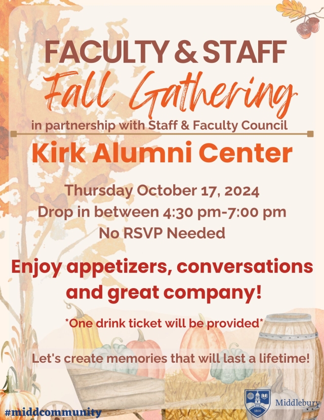 Poster to explain the fall gathering event on October 17th 2024 at kirk alumni center to enjoy food and conversations