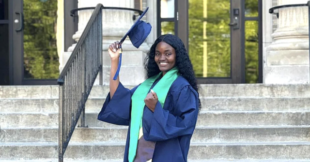 Fildaross Swai, ’24 IND, smiles while holding a graduation cap.