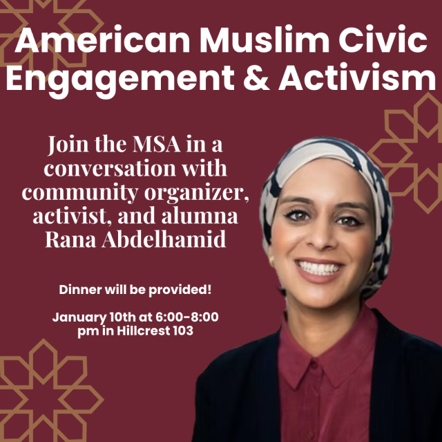 smiling Muslim woman in headscarf and business attire against a burgundy background