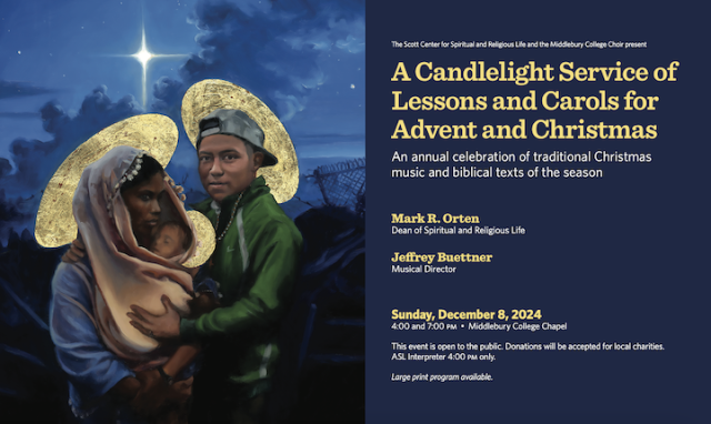 Holy Family as modern refugees against a dark blue sky