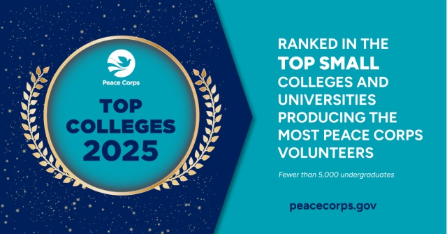 A navy blue and teal graphic image that says in white font: Ranked in the top small colleges and universities producing the most peace corps volunteers