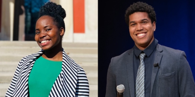 A collage of two photos of Ruth Olujobi and Victor Souza posing for portraits.
