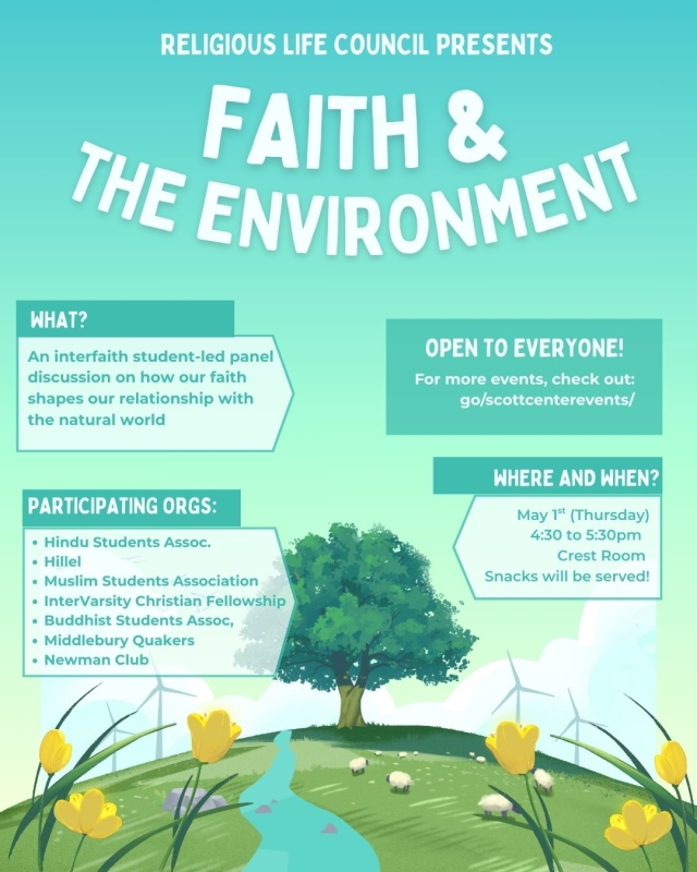 blue and green poster with central large tree, flowers, wind turbines