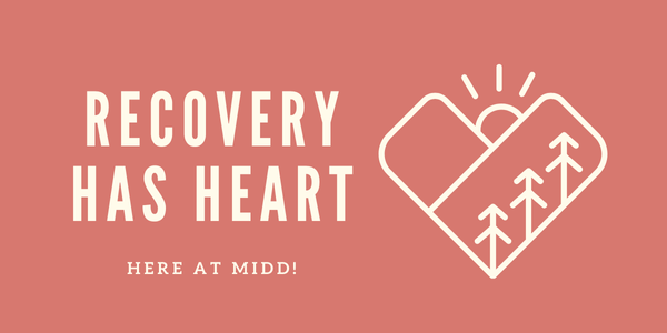 "Recovery Has Heart Here at Midd" over salmon colored background