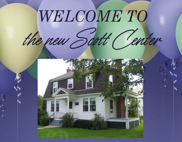 photo of white and brown house against lavender background with yellow and green balloons 