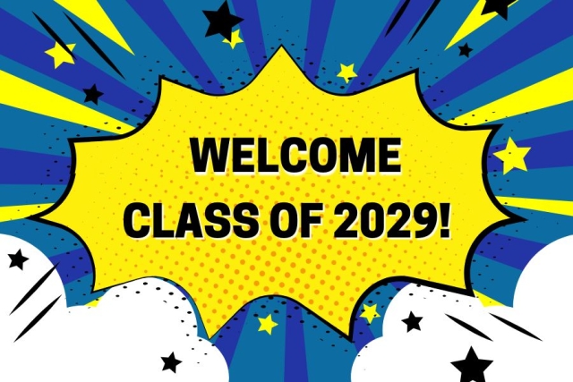 cartoon-style welcome graphic in blue and yellow with stars