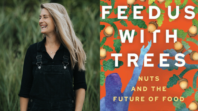 Portrait of Elspeth Hay ’07 alongside the cover of her new book "feed us with trees"
