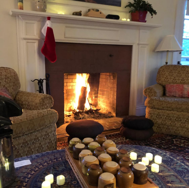 fire in living room fireplace
