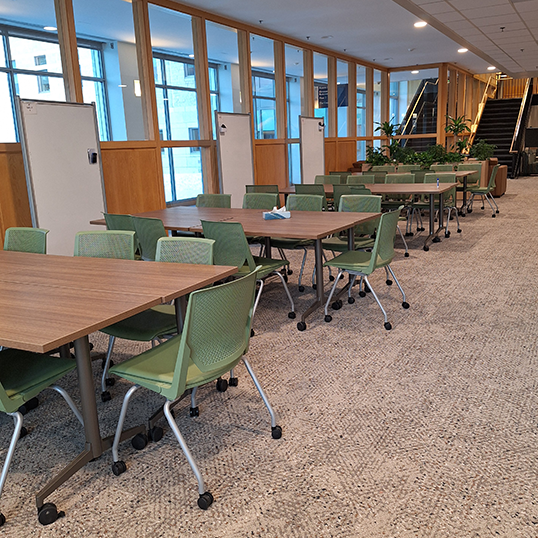 rows of tables and chairs