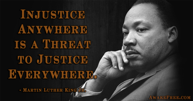 black and white photo of Dr. King with social justice quote