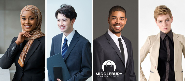 Middlebury Career Closet. Four photos of young peopme dressed professionally and smiling
