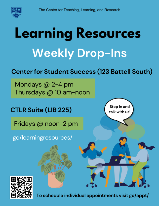 Drop-in hours list with people talking at a table