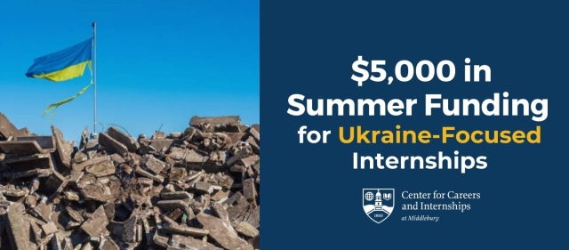 A photo of a ruble of fallen construction with a tattered Ukrainian flag sticking out of it. It reads, "$5,000 in Summer Funding for Ukraine-Focused Internships