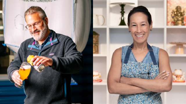 Side by side headshots of Rob Tod and Robynne Maii. Rob wears grey and pours an Allagash White into a pint glass. Robynne wears blue and smiles at the camera with her arms crossed.