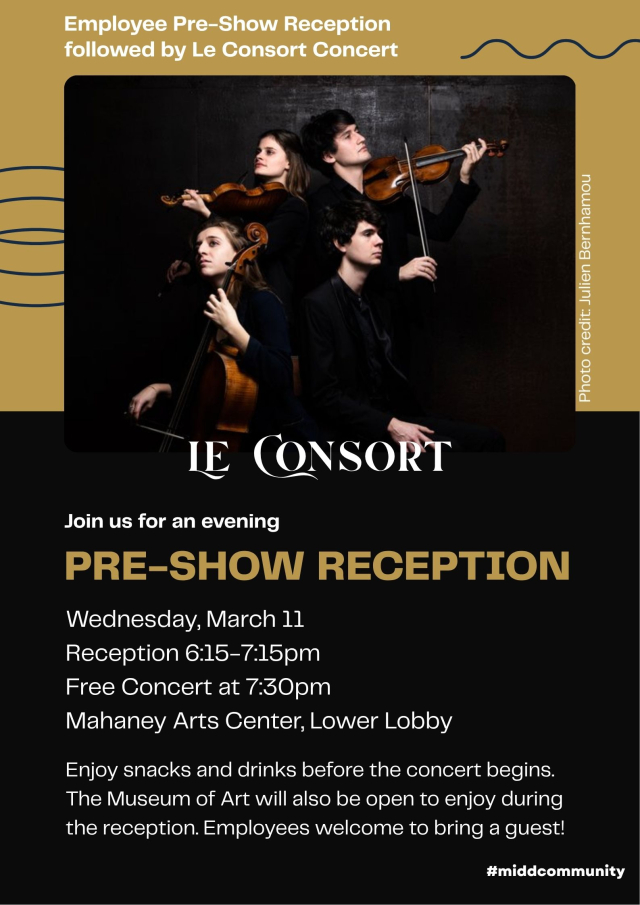 Flyer for pre-show reception march 11 6:15-7:15 at Mahaney Arts Center