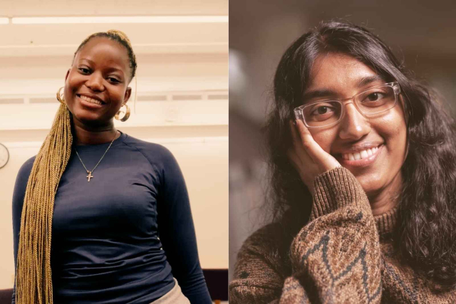 Two people looking at the camera. Smiling.