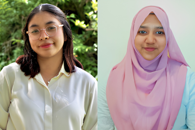 A combination of two photos each with a person looking at the camera.