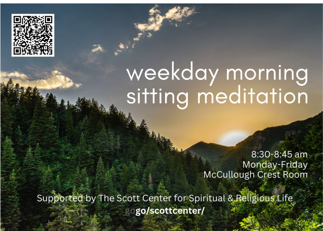 poster with sun coming up over mountains and trees
